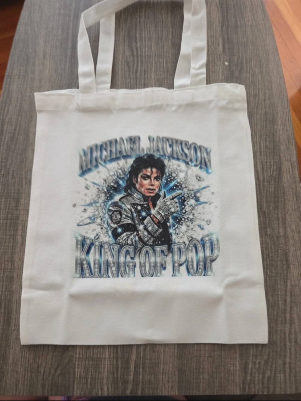 White Graphic Tote Bag with Blue Illustration-Handmade